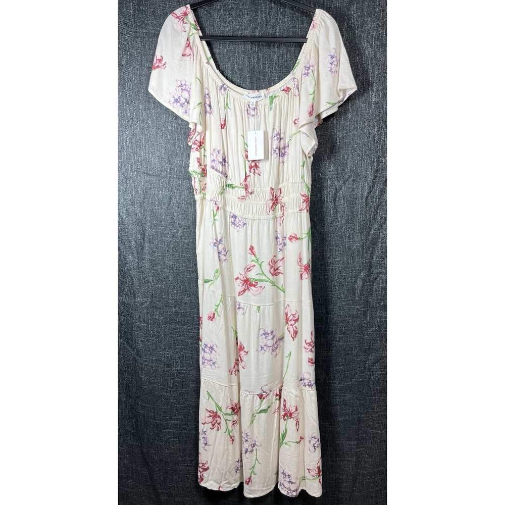 NWT LUCKY BRAND Sz 1X Dress Cream Floral Maxi Midi Tiered Boho Cottagecore New